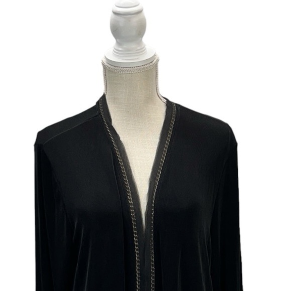 Chico’s Travelers Size 2 Large Black Open Cardigan Lace Gold Chain Trim Slinky - Picture 2 of 11